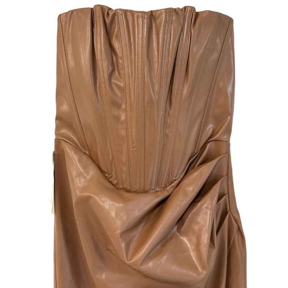 Bardot Everlasting Faux Leather Dress in Camel 2 New Womens Vegan Strapless Midi - Picture 5 of 16